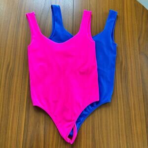 TWO Free People Intimately Neon Bodysuits Pink & Blue Built in Bra Size M/L